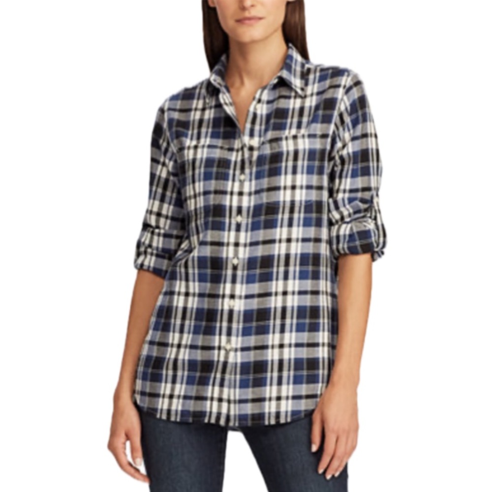Blue and White Plaid Button-Up Shirt